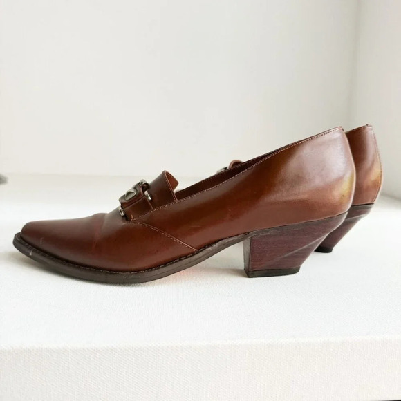Vintage Leather Tucci Made in Italy Brown Unique Heel Loafers Shoeties 8 - Picture 4 of 15